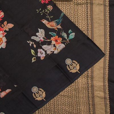 Banarasi Silk Katan Floral Printed Black Saree