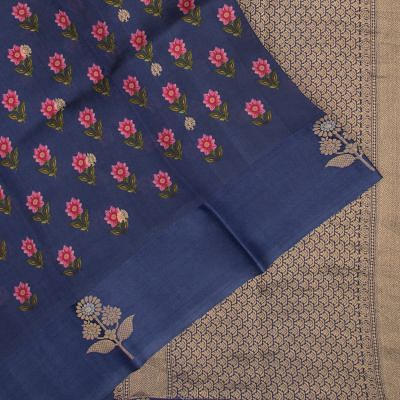 Banarasi Silk Katan Floral Printed Blue Saree