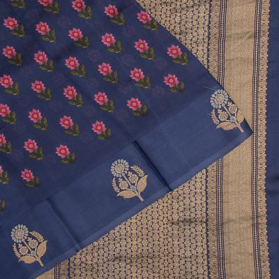 Banarasi Silk Katan Floral Printed Blue Saree