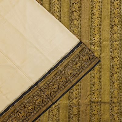 Kanchipuram Silk Twill Plain Cream Saree With Ikat Blouse