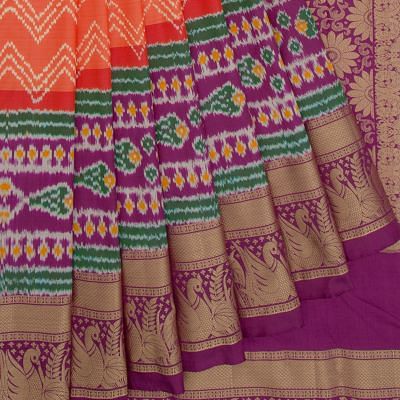 Kanchipuram Silk Ikat Zig Zag Lines Orange Saree