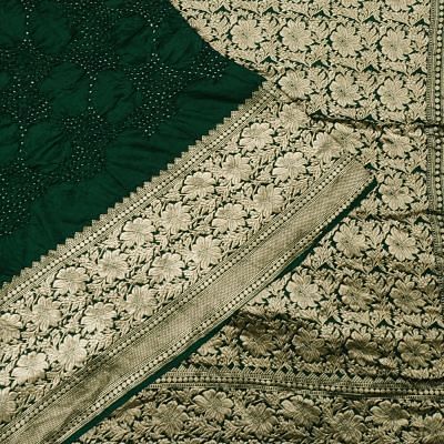 Banarasi Silk Bandhani Bottle Green Saree