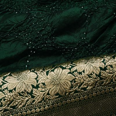 Banarasi Silk Bandhani Bottle Green Saree