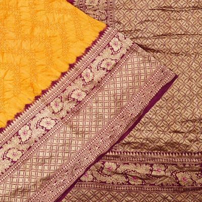 Kanchipuram Silk Bandhani Yellow Saree