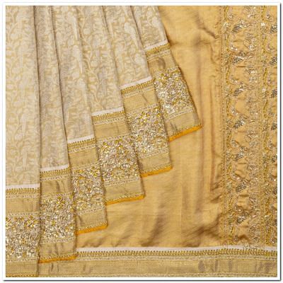 Kanchipuram Silk Tissue Brocade Gold Saree With Zardosi Work Border