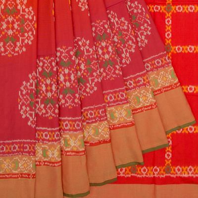 Pochampally Silk Ikat Butta Dual Tone Orange And Pink Saree