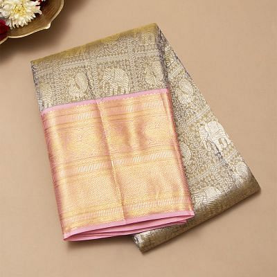 Kanchipuram Silk Tissue Brocade Grey Saree
