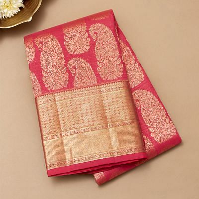 Kanchipuram Silk Brocade Pinkish Red Saree