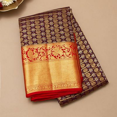 Kanchipuram Silk Checks Choco Brown Saree