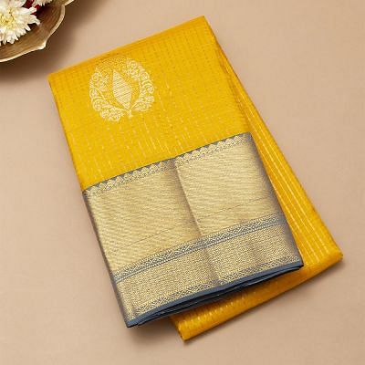 Kanchipuram Silk Checks And Butta Musturd Yellow Saree