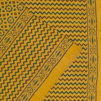 Tussar Floral Block Printed Yellow Saree