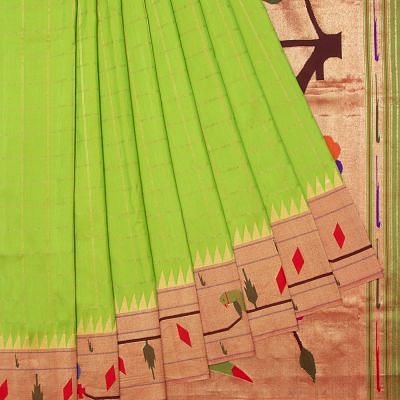 Paithani Silk Checks Pastel Green Saree With Akruthi Border