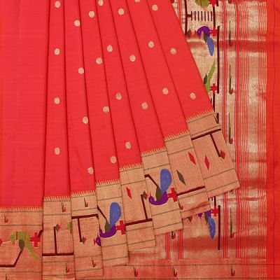 Paithani Silk Butta Red Saree With Akruthi Border