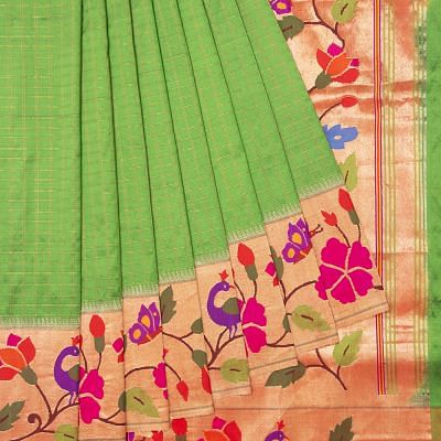 Paithani Silk Checks Parrot Green Saree