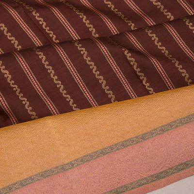 Kanchipuram Silk Vertical Lines Brown Saree