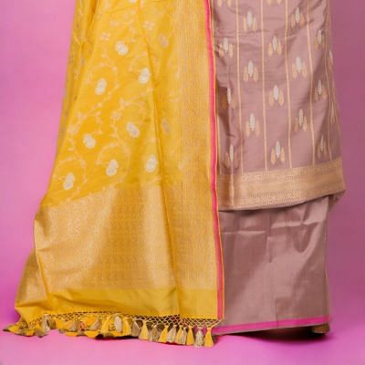 Banarasi Silk Vertical Lines And Butta Lilac Salwar Suit Set