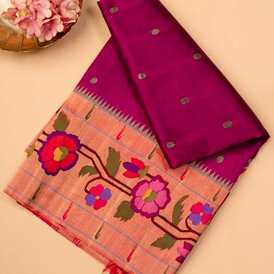 Paithani Silk Butta Purple Saree With Floral Border