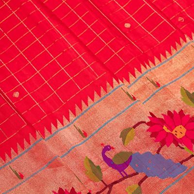 Paithani Silk Checks Red Saree With Morachi Border