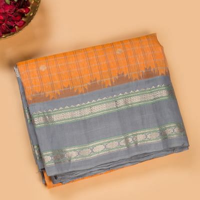 Gadwal Linen Checks And Butta Orange Saree