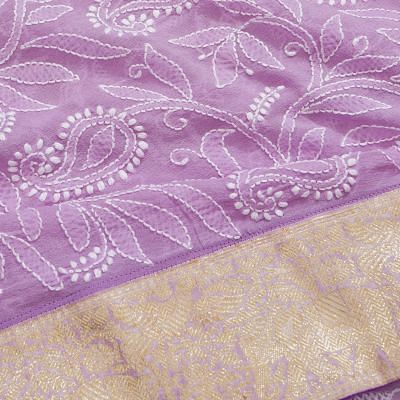 Lucknow Chikankari Georgette Embroidery Lavender Saree With Attached Banarasi Border