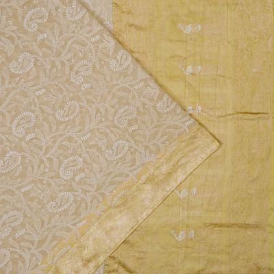 Lucknow Chikankari Georgette Embroidery Cream Saree With Attached Banarasi Border