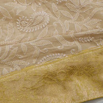 Lucknow Chikankari Georgette Embroidery Cream Saree With Attached Banarasi Border