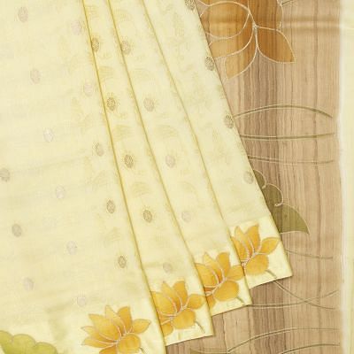 Soft Tussar Jacquard And Butta Lemon Yellow Saree With Floral Printed Border