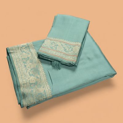 Banarasi Silk Plain Blue Dhoti With Kurtha And Kanduva