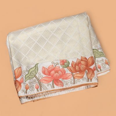 Kanchipuram Silk Brocade Cream Saree With Embroidery Border