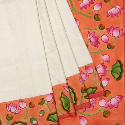 Kanchipuram Silk Brocade Off White Saree With Pichwai Printed Border