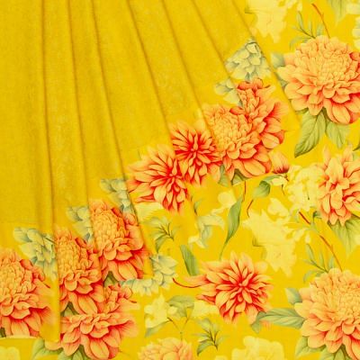 Kanchipuram Silk Brocade Yellow Saree With Floral Printed Border And Pallu
