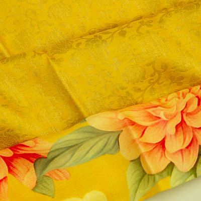 Kanchipuram Silk Brocade Yellow Saree With Floral Printed Border And Pallu