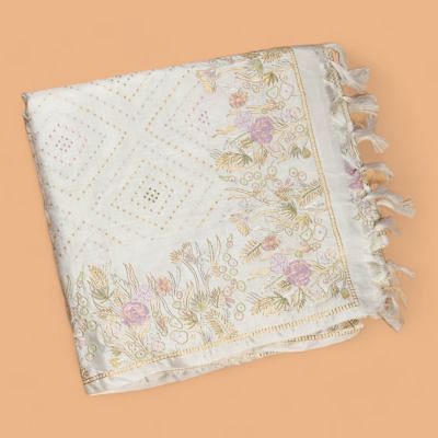 Kanchipuram Silk Brocade White Saree With Floral Embroidery And Gotta Patti Work