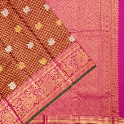 Kanchipuram Silk Checks And Butta Brown Saree