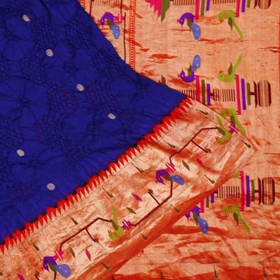 Paithani Silk Bandhani And Butta Dark Blue Saree With Akruthi Border