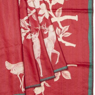 Tussar Printed Red Saree