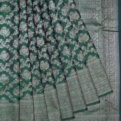 Kanchipuram Silk Antique Zari Jaal And Butta Dark Green Saree