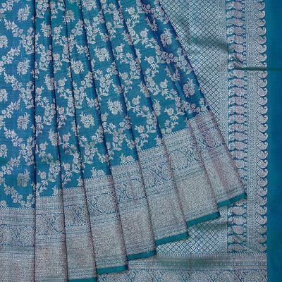 Kanchipuram Silk Antique Zari Jaal Teal Blue Saree