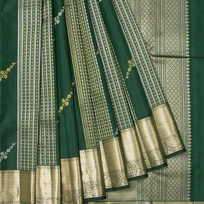 Kanchipuram Silk Vertical Lines And Butta Dark Green Saree