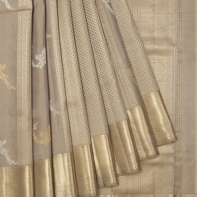 Kanchipuram Silk Vertical Lines And Butta Pastel Brown Saree