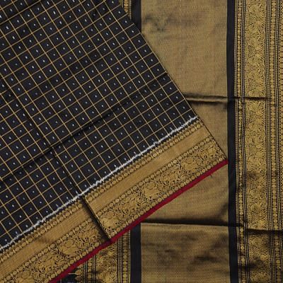 Kanchipuram Silk Ikat And Checks Black Saree