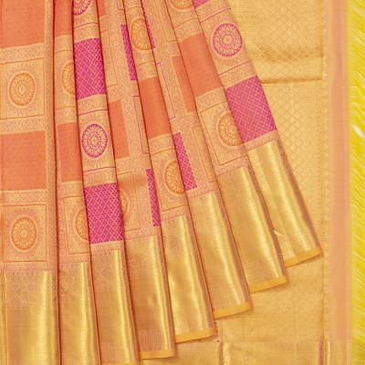 Kanchipuram Silk Checks And Butta Pink And Orange Saree
