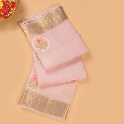 Organza Floral Embroidery Baby Pink Saree