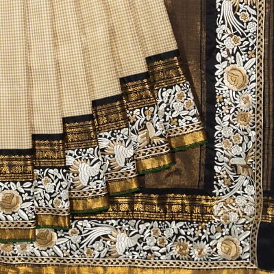 Parsi Gara x Kanchipuram Silk Checks Cream Saree