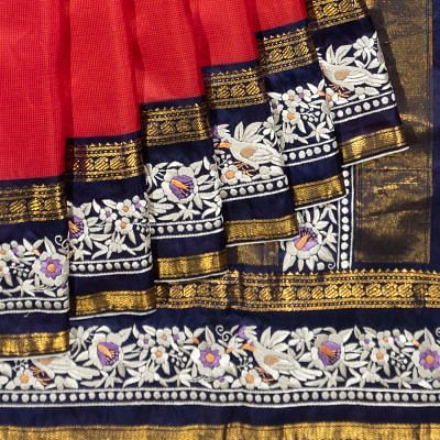 Parsi Gara x Kanchipuram Silk Checks Pink Saree