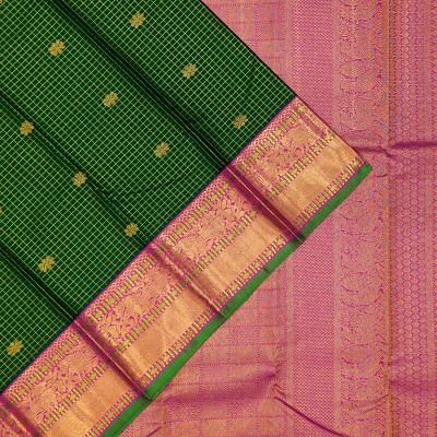 Kanchipuram Silk Checks And Butta Dark Green Saree