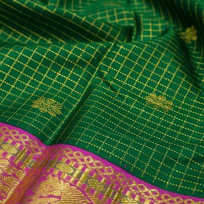 Kanchipuram Silk Checks And Butta Dark Green Saree