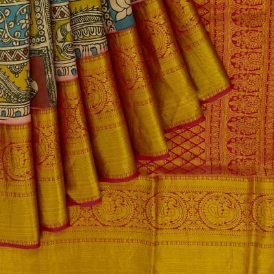 Kanchipuram Silk Kalamkari Handpainted Multicolor Saree