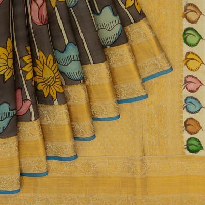 Kanchipuram Silk Kalamkari Handpainted Pastel Brown Saree