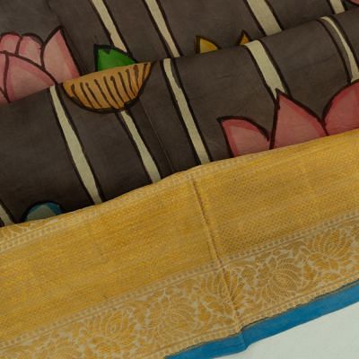 Kanchipuram Silk Kalamkari Handpainted Pastel Brown Saree